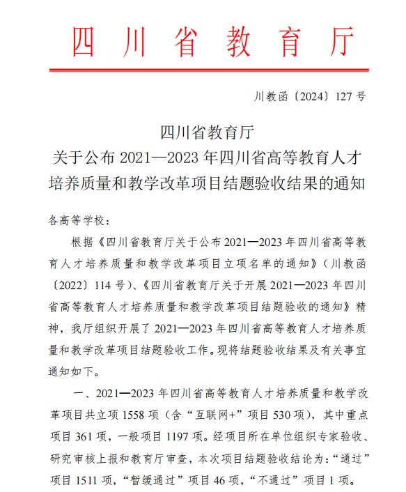 学校2021—2023年高等教育人才培养质量和教学改革项目顺利通过省教育厅结题验收